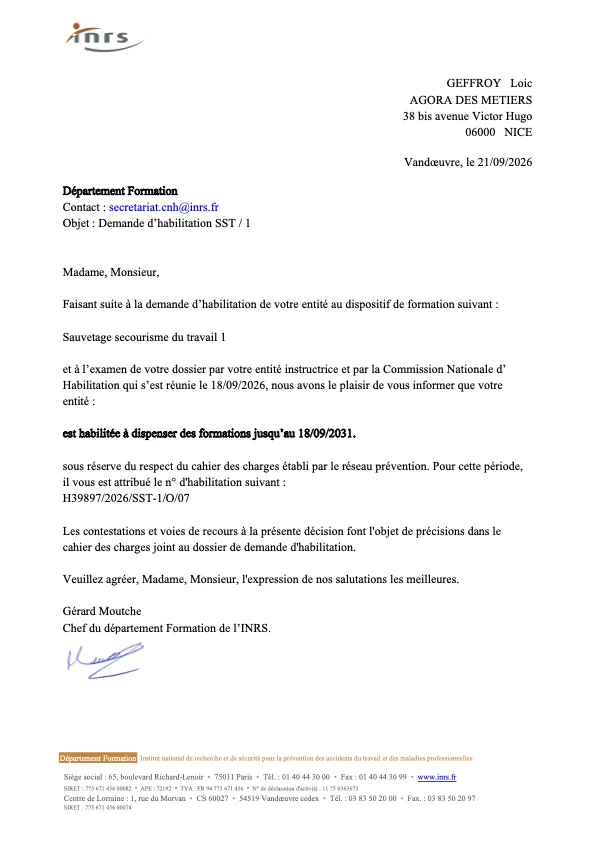 lettre d'habilitation d'Agora des Métiers pour SST1